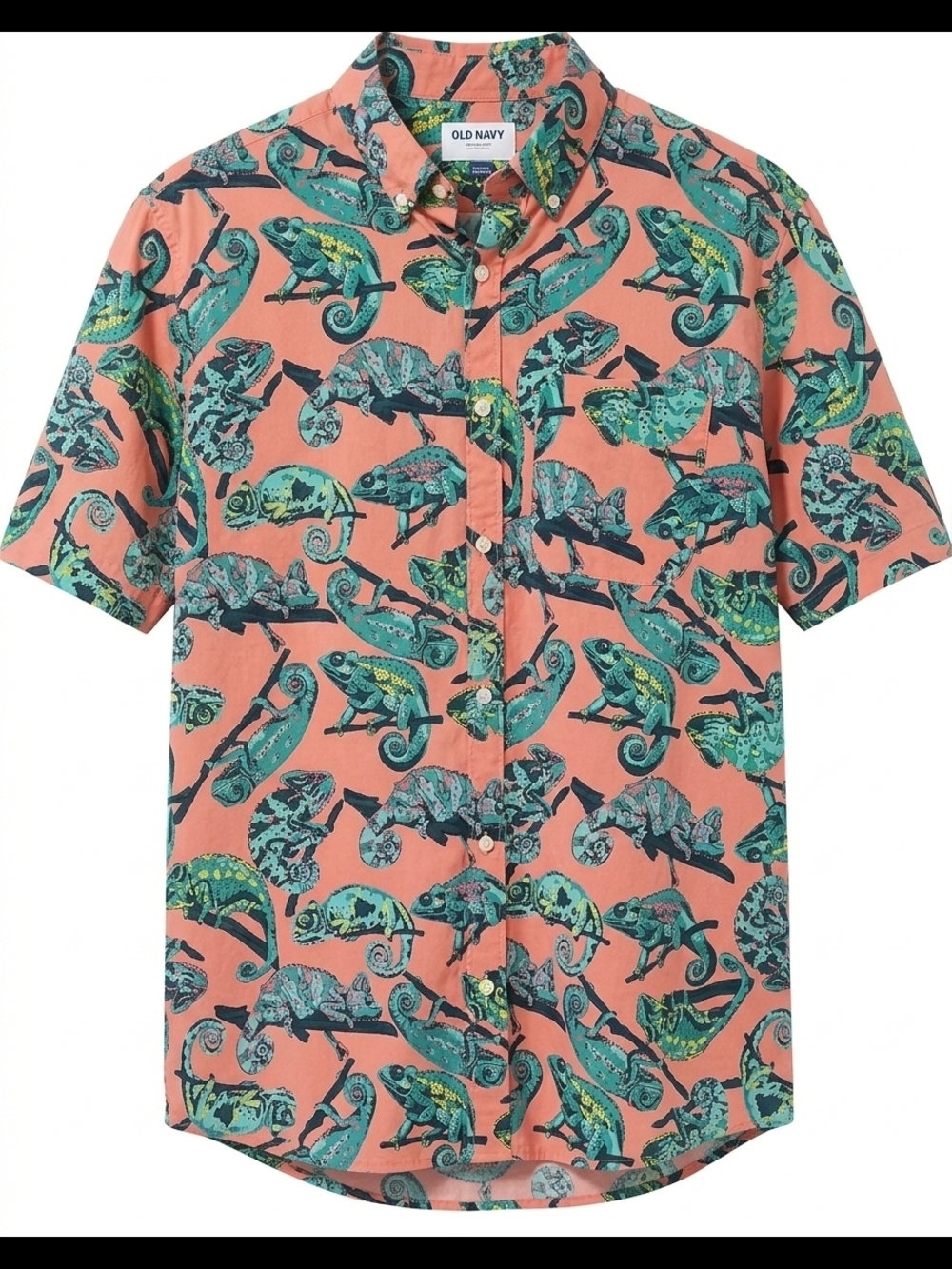 Old Navy Coral Button-Down Shirt with Teal & Green Chameleon Print XXL